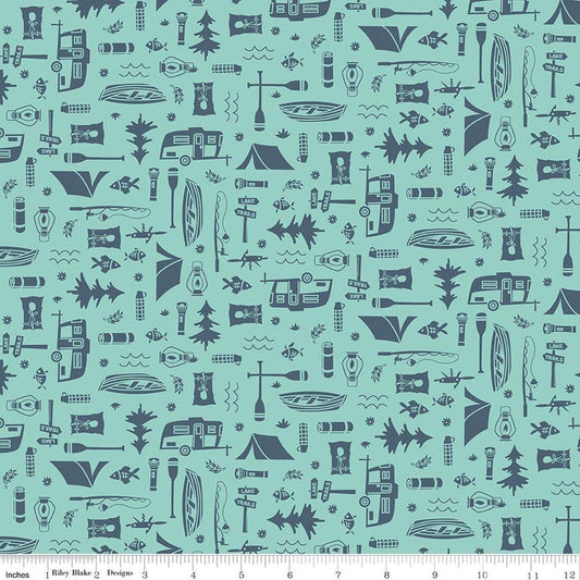 Image of Happy Haven Let's Camp Aqua quilting cotton fabric by Shawn Wallace for Riley Blake Designs. Features camping gear on a blue background. Cute Little Fabric Shop.