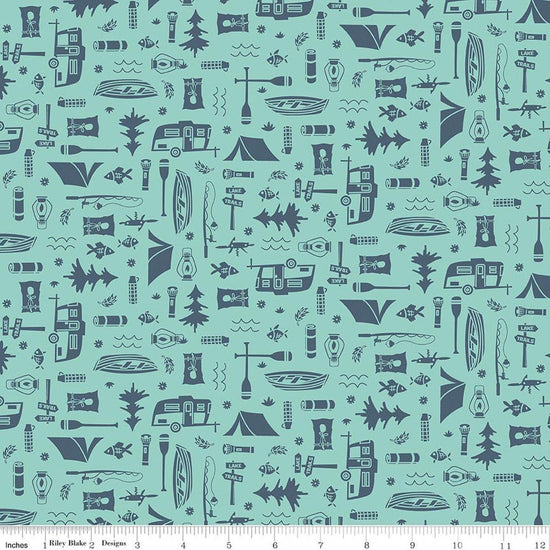 Image of Happy Haven Let's Camp Aqua quilting cotton fabric by Shawn Wallace for Riley Blake Designs. Features camping gear on a blue background. Cute Little Fabric Shop.