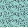 Image of Happy Haven Let's Camp Aqua quilting cotton fabric by Shawn Wallace for Riley Blake Designs. Features camping gear on a blue background. Cute Little Fabric Shop.