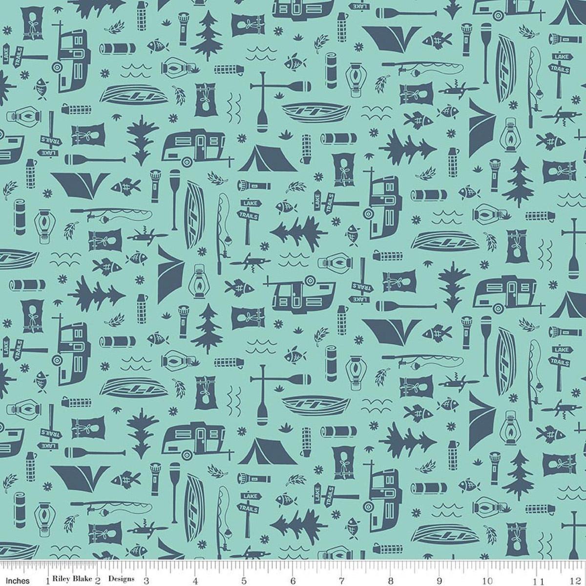Image of Happy Haven Let's Camp Aqua quilting cotton fabric by Shawn Wallace for Riley Blake Designs. Features camping gear on a blue background. Cute Little Fabric Shop.