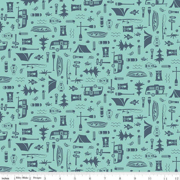Image of Happy Haven Let's Camp Aqua quilting cotton fabric by Shawn Wallace for Riley Blake Designs. Features camping gear on a blue background. Cute Little Fabric Shop.