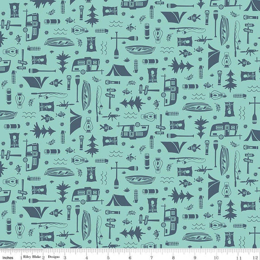Image of Happy Haven Let's Camp Aqua quilting cotton fabric by Shawn Wallace for Riley Blake Designs. Features camping gear on a blue background. Cute Little Fabric Shop.