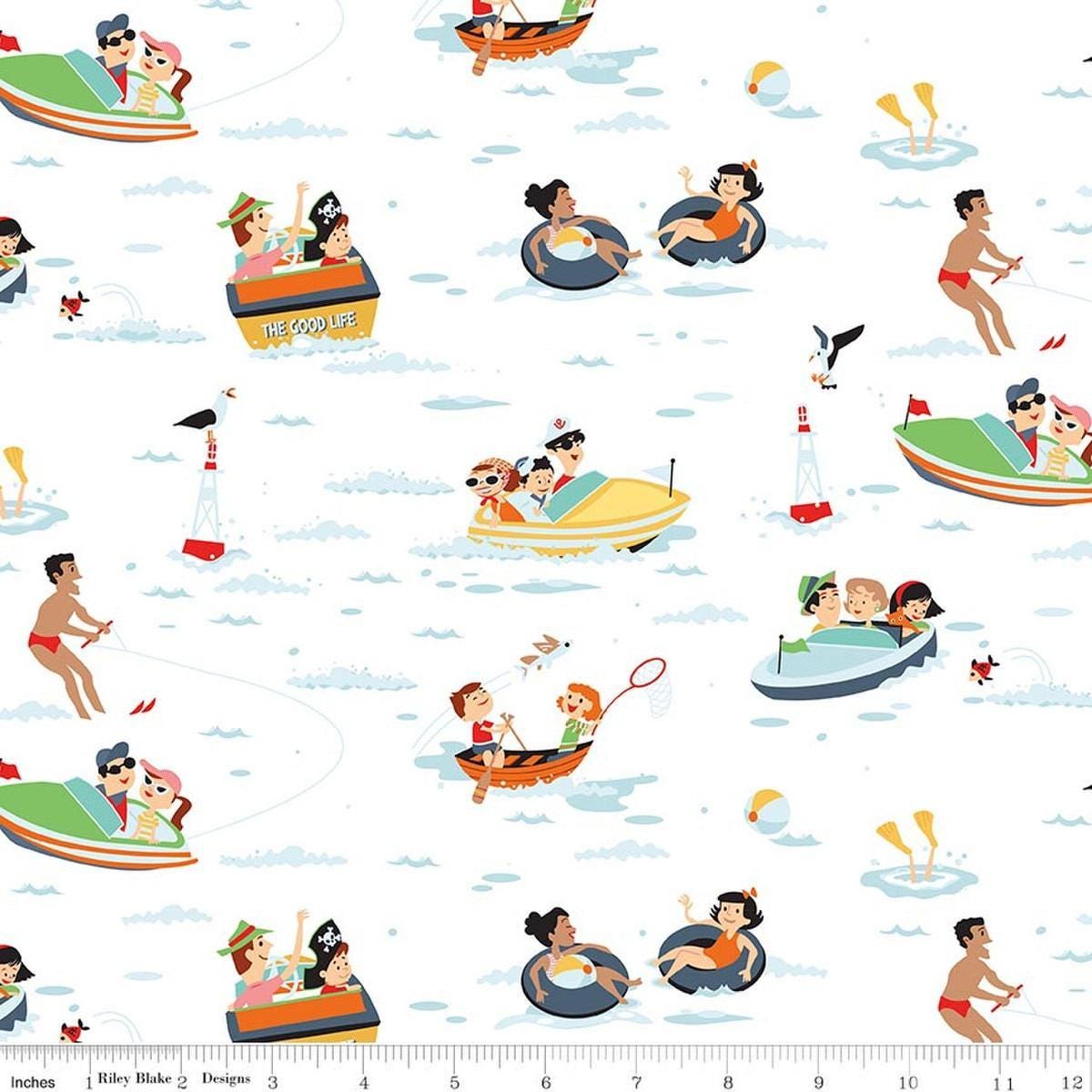 Image of Happy Haven The Good Life White quilting cotton fabric by Shawn Wallace for Riley Blake Designs. Features lake scenes on a white background. Cute Little Fabric Shop.