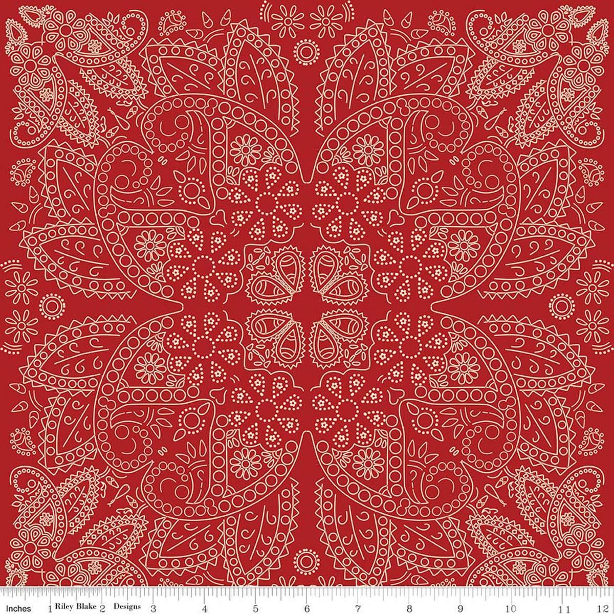 Image of Designer Flannel Cowboys Bandana Red flannel cotton fabric by Echo Park Paper Co for Riley Blake Designs. Features paisley on a red background. Cute Little Fabric Shop.