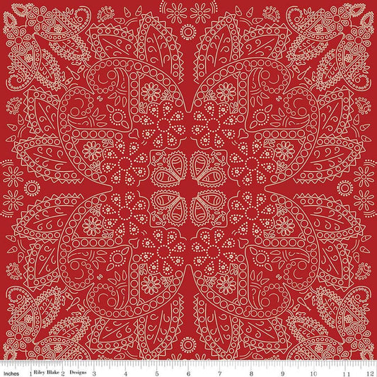 Image of Designer Flannel Cowboys Bandana Red flannel cotton fabric by Echo Park Paper Co for Riley Blake Designs. Features paisley on a red background. Cute Little Fabric Shop.