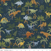 Image of Designer Flannel Cretaceous Jungle Dinos Navy flannel cotton fabric by Amanda Niederhauser for Riley Blake Designs. Features dinosaurs on a blue background. Cute Little Fabric Shop