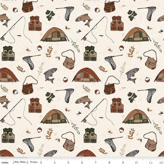 Image of Designer Flannel Let's Wander Gone Fishing Cream flannel cotton fabric by Casey Cometti for Riley Blake Designs. Features camping gear on a cream background. Cute Little Fabric Shop.
