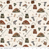 Image of Designer Flannel Let's Wander Gone Fishing Cream flannel cotton fabric by Casey Cometti for Riley Blake Designs. Features camping gear on a cream background. Cute Little Fabric Shop.