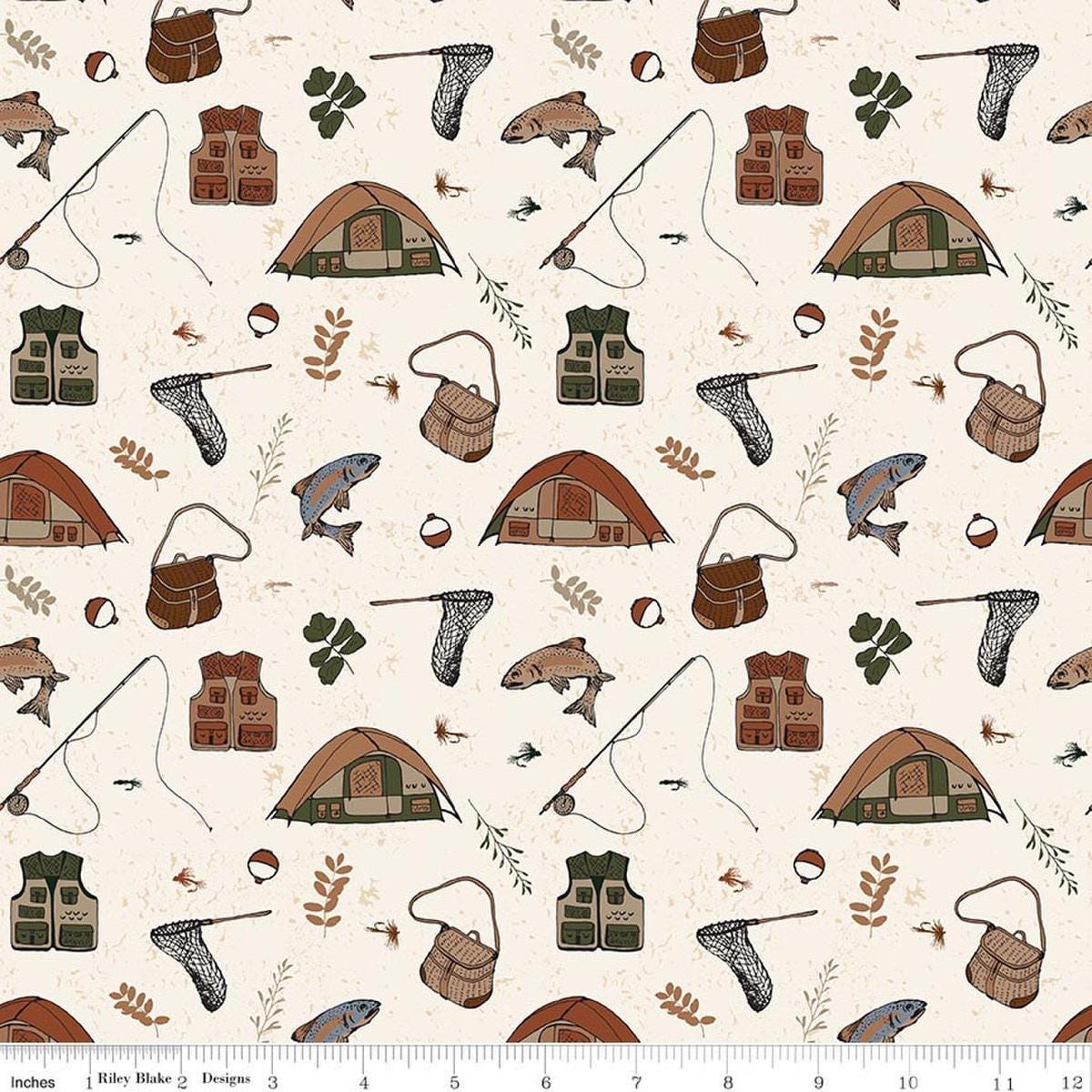 Image of Designer Flannel Let's Wander Gone Fishing Cream flannel cotton fabric by Casey Cometti for Riley Blake Designs. Features camping gear on a cream background. Cute Little Fabric Shop.