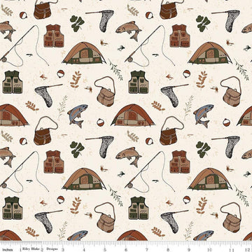 Image of Designer Flannel Let's Wander Gone Fishing Cream flannel cotton fabric by Casey Cometti for Riley Blake Designs. Features camping gear on a cream background. Cute Little Fabric Shop.