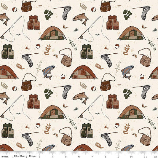 Image of Designer Flannel Let's Wander Gone Fishing Cream flannel cotton fabric by Casey Cometti for Riley Blake Designs. Features camping gear on a cream background. Cute Little Fabric Shop.