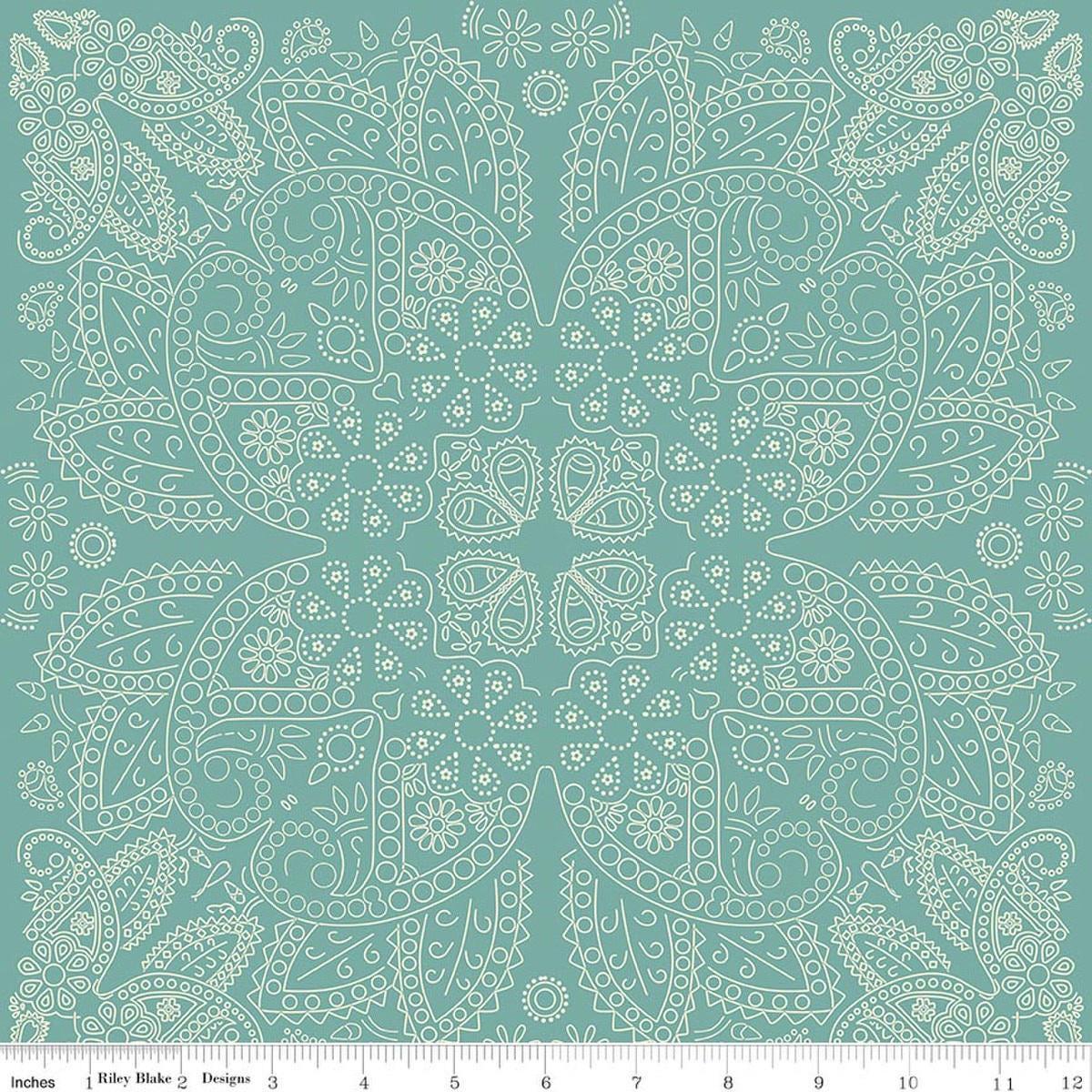 Image of Designer Flannel Cowboys Bandana Teal flannel cotton fabric by Echo Park Paper Co for Riley Blake Designs. Features paisley on a blue background. Cute Little Fabric Shop.