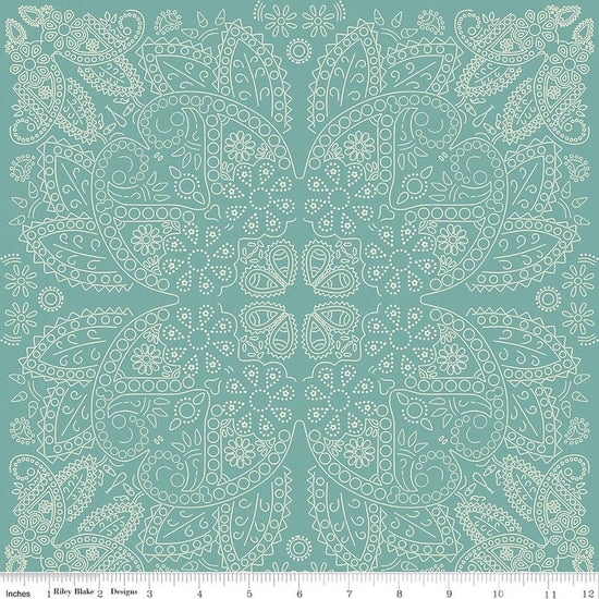 Image of Designer Flannel Cowboys Bandana Teal flannel cotton fabric by Echo Park Paper Co for Riley Blake Designs. Features paisley on a blue background. Cute Little Fabric Shop.