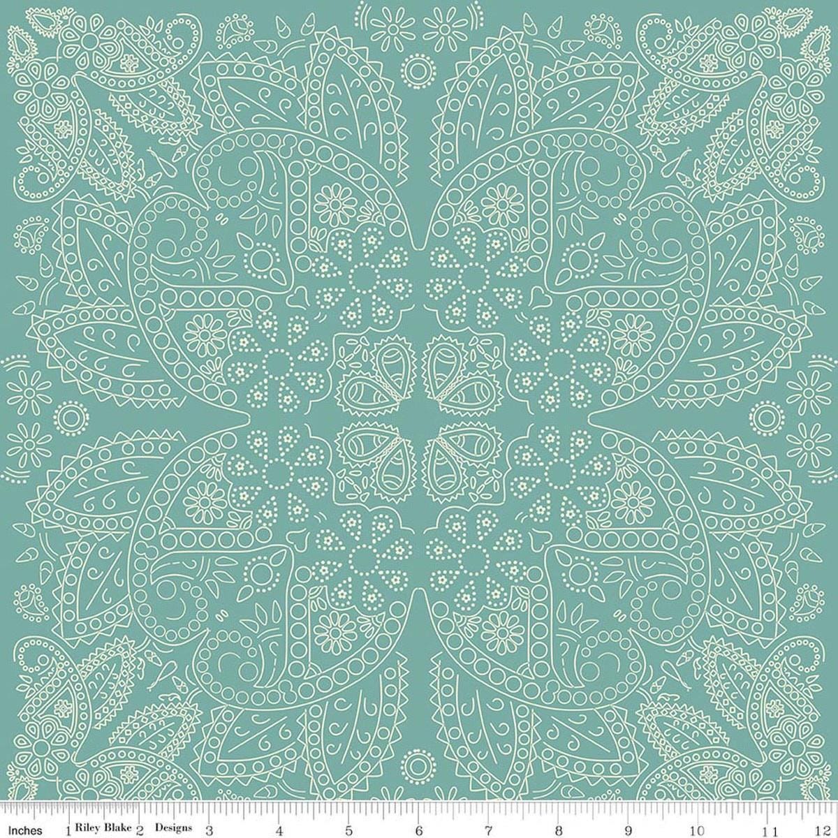 Image of Designer Flannel Cowboys Bandana Teal flannel cotton fabric by Echo Park Paper Co for Riley Blake Designs. Features paisley on a blue background. Cute Little Fabric Shop.