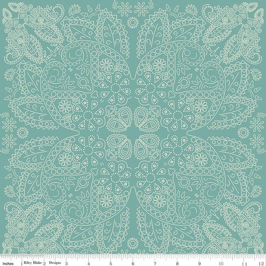 Image of Designer Flannel Cowboys Bandana Teal flannel cotton fabric by Echo Park Paper Co for Riley Blake Designs. Features paisley on a blue background. Cute Little Fabric Shop.