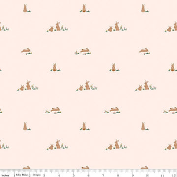 Image of Designer Flannel Sweet Cotton Tales Flopsy Fields Blush quilting cotton fabric by Little Forest Atelier for RIley Blake Designs. Features bunnies on a cream background. Cute Little Fabric Shop.