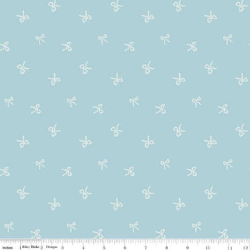 Image of Designer Flannel Sweet Cotton Tales Bows Blue quilting cotton fabric by Little Forest Atelier for RIley Blake Designs. Features bows on a blue background. Cute Little Fabric Shop.