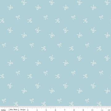 Image of Designer Flannel Sweet Cotton Tales Bows Blue quilting cotton fabric by Little Forest Atelier for RIley Blake Designs. Features bows on a blue background. Cute Little Fabric Shop.