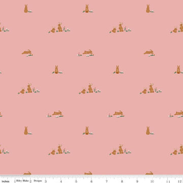 Image of Designer Flannel Sweet Cotton Tales Flopsy Fields Pink quilting cotton fabric by Little Forest Atelier for RIley Blake Designs. Features bunnies on a pink background. Cute Little Fabric Shop.