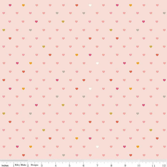 Image of Designer Flannel Meadow Serendipity 2 Hearts Blush flannel cotton fabric by Minki Kim for Riley Blake Designs. Features hearts on a pink background. Cute Little Fabric Shop.