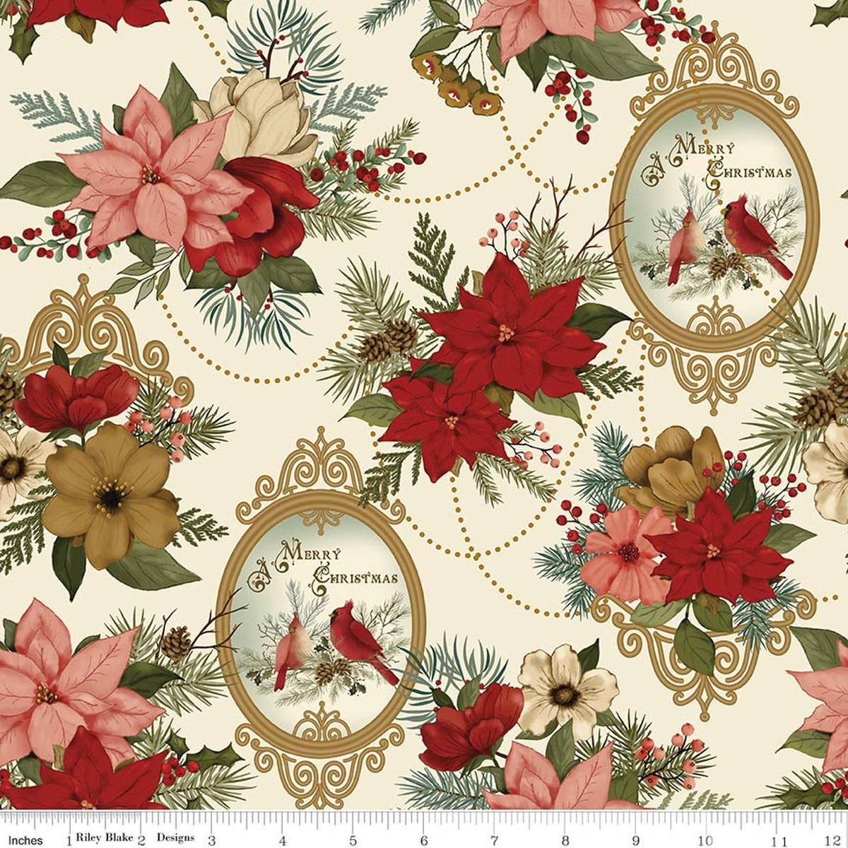 Image of Christmas Greetings Main Cream quilting cotton fabric by Sandy Gervais for Riley Blake Designs. Features flowers on a cream background. Cute Little Fabric Shop.