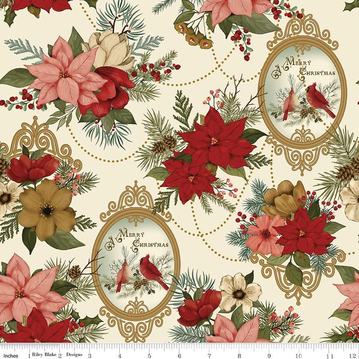 Image of Christmas Greetings Main Cream quilting cotton fabric by Sandy Gervais for Riley Blake Designs. Features flowers on a cream background. Cute Little Fabric Shop.
