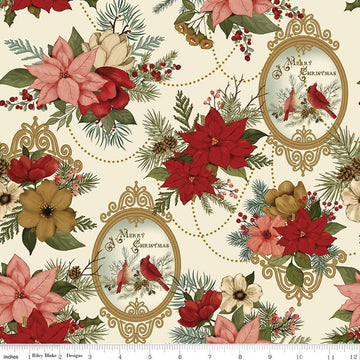 Image of Christmas Greetings Main Cream quilting cotton fabric by Sandy Gervais for Riley Blake Designs. Features flowers on a cream background. Cute Little Fabric Shop.