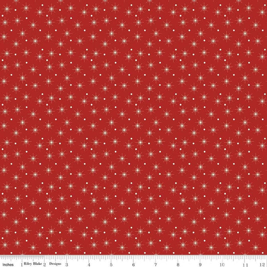 Image of Christmas Greetings Christmas Lights Red quilting cotton fabric by Sandy Gervais for Riley Blake Designs. Features polka dots on a red background. Cute Little Fabric Shop.