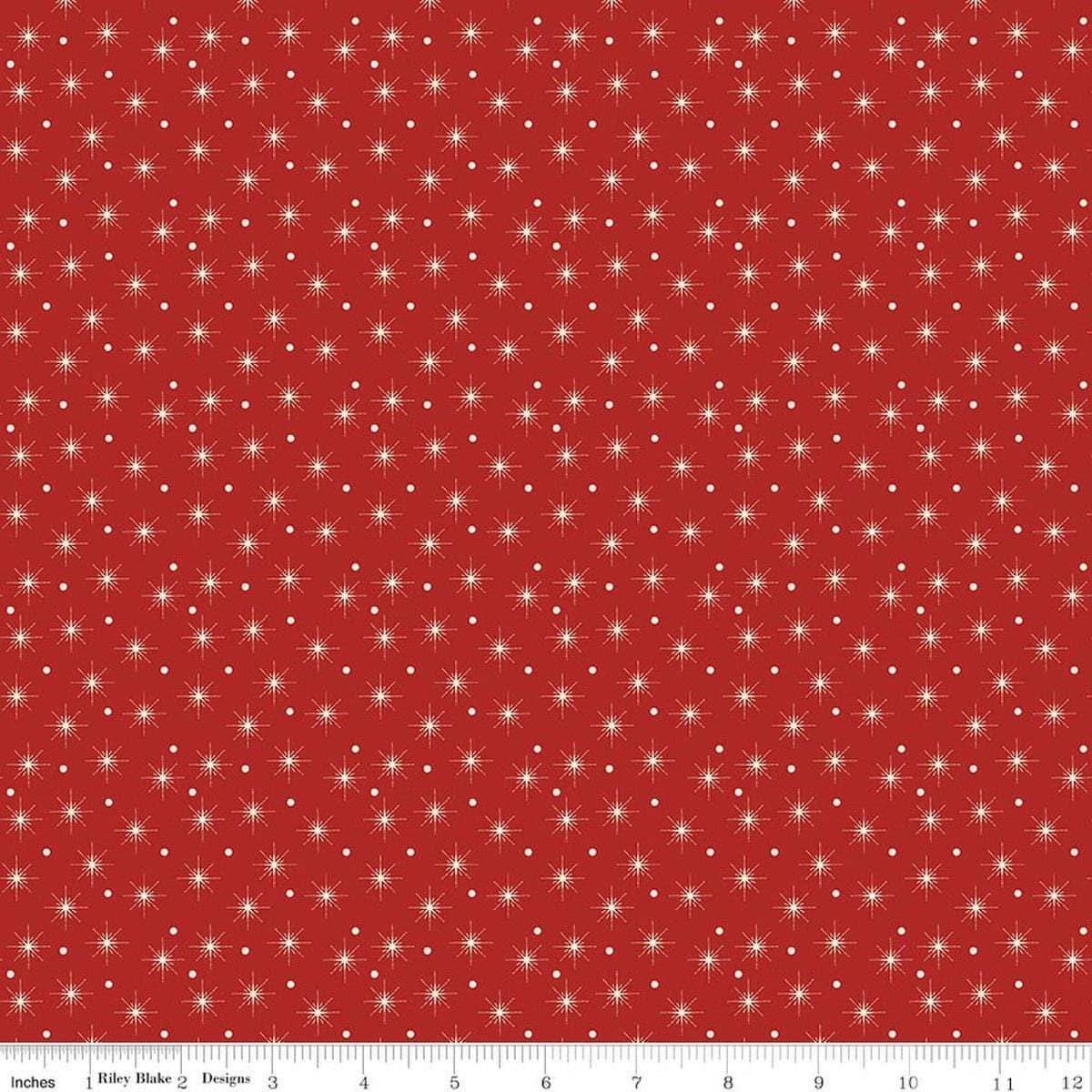 Image of Christmas Greetings Christmas Lights Red quilting cotton fabric by Sandy Gervais for Riley Blake Designs. Features polka dots on a red background. Cute Little Fabric Shop.