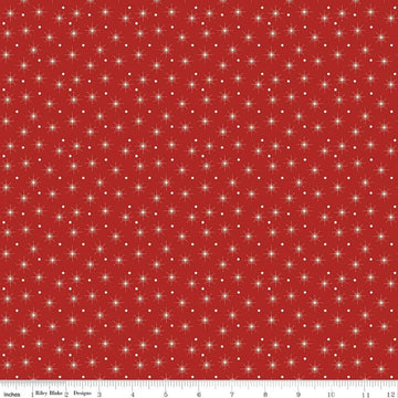 Image of Christmas Greetings Christmas Lights Red quilting cotton fabric by Sandy Gervais for Riley Blake Designs. Features polka dots on a red background. Cute Little Fabric Shop.