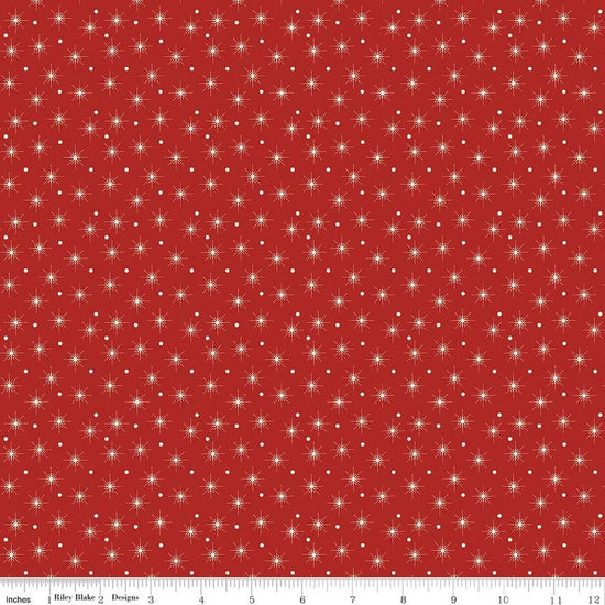 Image of Christmas Greetings Christmas Lights Red quilting cotton fabric by Sandy Gervais for Riley Blake Designs. Features polka dots on a red background. Cute Little Fabric Shop.