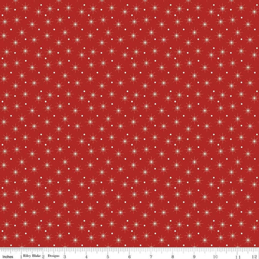 Image of Christmas Greetings Christmas Lights Red quilting cotton fabric by Sandy Gervais for Riley Blake Designs. Features polka dots on a red background. Cute Little Fabric Shop.