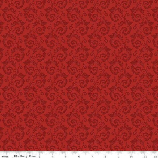 Image of Christmas Greetings Scroll Red quilting cotton fabric by Sandy Gervais for Riley Blake Designs. Features swirls on a red background. Cute Little Fabric Shop.