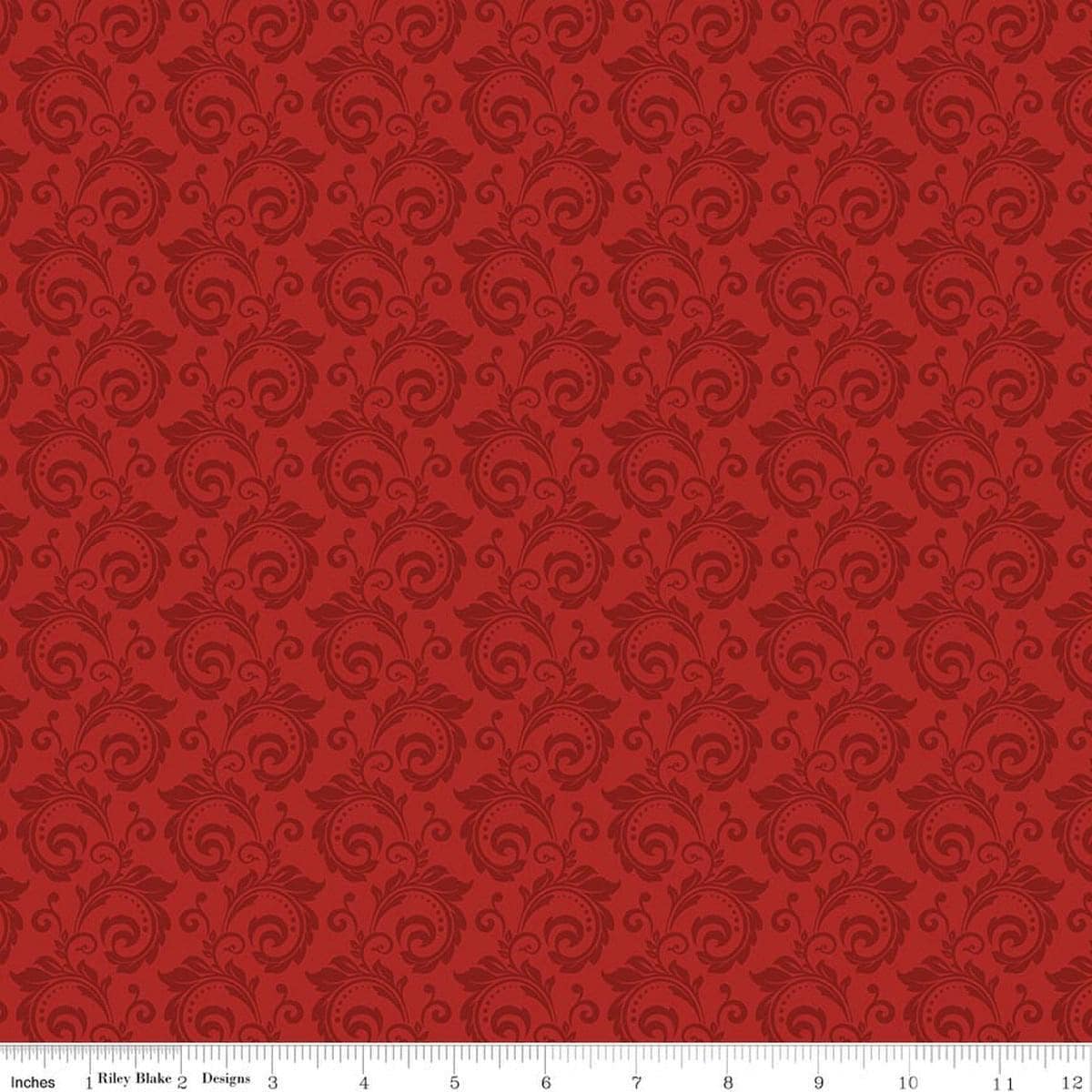 Image of Christmas Greetings Scroll Red quilting cotton fabric by Sandy Gervais for Riley Blake Designs. Features swirls on a red background. Cute Little Fabric Shop.