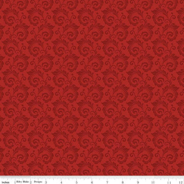 Image of Christmas Greetings Scroll Red quilting cotton fabric by Sandy Gervais for Riley Blake Designs. Features swirls on a red background. Cute Little Fabric Shop.