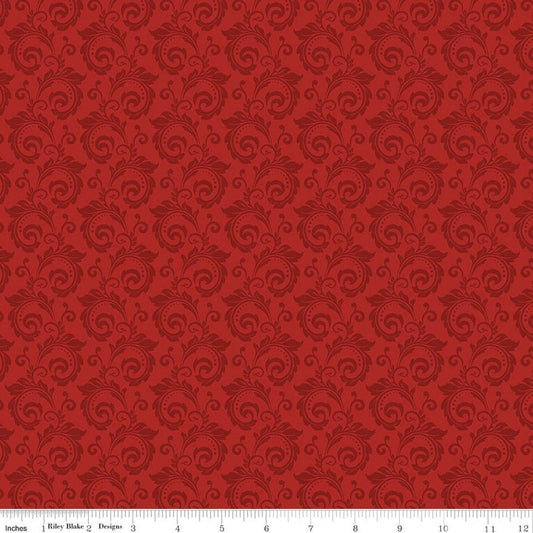 Image of Christmas Greetings Scroll Red quilting cotton fabric by Sandy Gervais for Riley Blake Designs. Features swirls on a red background. Cute Little Fabric Shop.