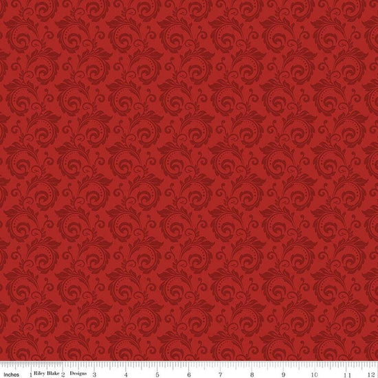 Image of Christmas Greetings Scroll Red quilting cotton fabric by Sandy Gervais for Riley Blake Designs. Features swirls on a red background. Cute Little Fabric Shop.