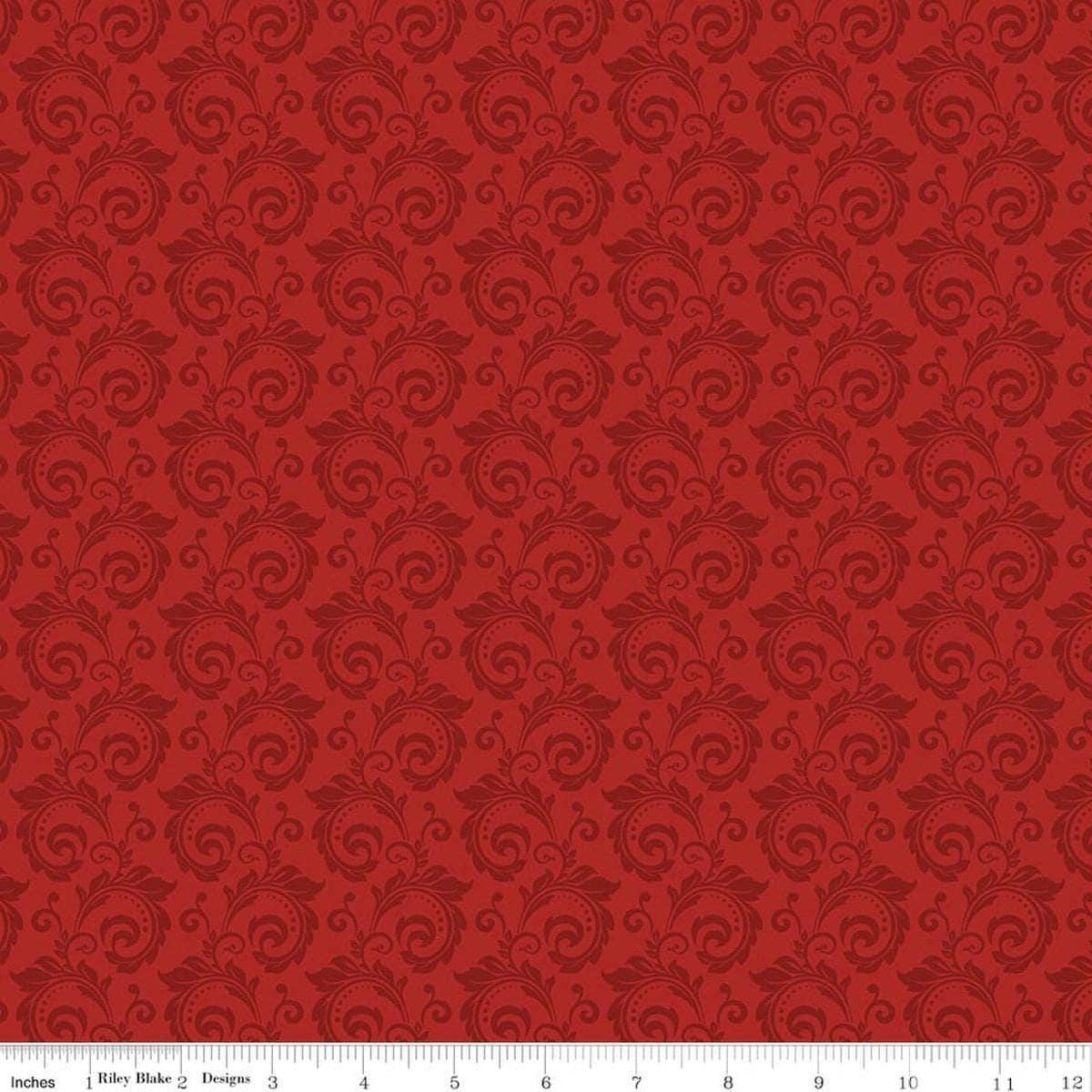 Image of Christmas Greetings Scroll Red quilting cotton fabric by Sandy Gervais for Riley Blake Designs. Features swirls on a red background. Cute Little Fabric Shop.