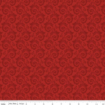 Image of Christmas Greetings Scroll Red quilting cotton fabric by Sandy Gervais for Riley Blake Designs. Features swirls on a red background. Cute Little Fabric Shop.
