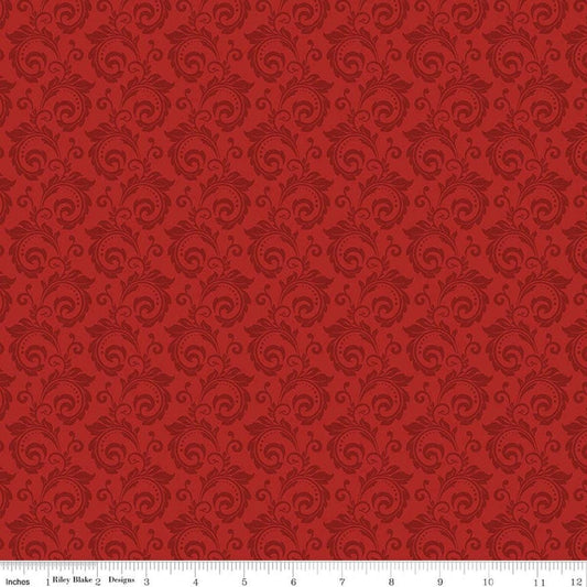 Image of Christmas Greetings Scroll Red quilting cotton fabric by Sandy Gervais for Riley Blake Designs. Features swirls on a red background. Cute Little Fabric Shop.