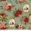 Image of Christmas Greetings Main Spruce quilting cotton fabric by Sandy Gervais for Riley Blake Designs. Features flowers on a green background. Cute Little Fabric Shop.