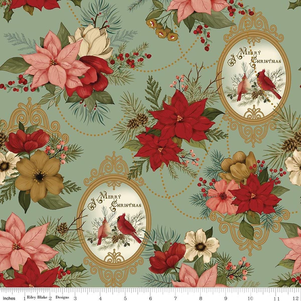 Image of Christmas Greetings Main Spruce quilting cotton fabric by Sandy Gervais for Riley Blake Designs. Features flowers on a green background. Cute Little Fabric Shop.