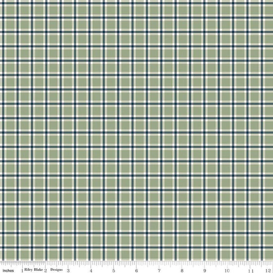 Image of Christmas Greetings Plaid Sage quilting cotton fabric by Sandy Gervais for Riley Blake Designs. Features plaid on a green background. Cute Little Fabric Shop.