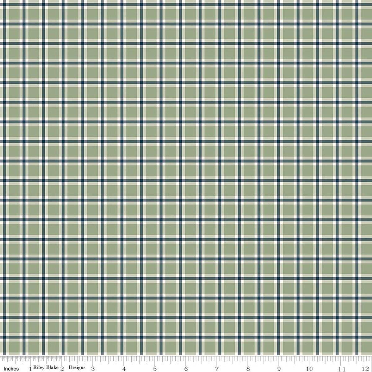 Image of Christmas Greetings Plaid Sage quilting cotton fabric by Sandy Gervais for Riley Blake Designs. Features plaid on a green background. Cute Little Fabric Shop.