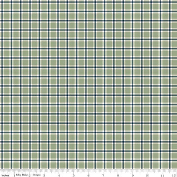 Image of Christmas Greetings Plaid Sage quilting cotton fabric by Sandy Gervais for Riley Blake Designs. Features plaid on a green background. Cute Little Fabric Shop.
