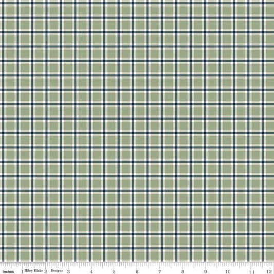 Image of Christmas Greetings Plaid Sage quilting cotton fabric by Sandy Gervais for Riley Blake Designs. Features plaid on a green background. Cute Little Fabric Shop.