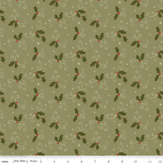 Image of Christmas Greetings Holly Spruce quilting cotton fabric by Sandy Gervais for Riley Blake Designs. Features holly on a green background. Cute Little Fabric Shop.