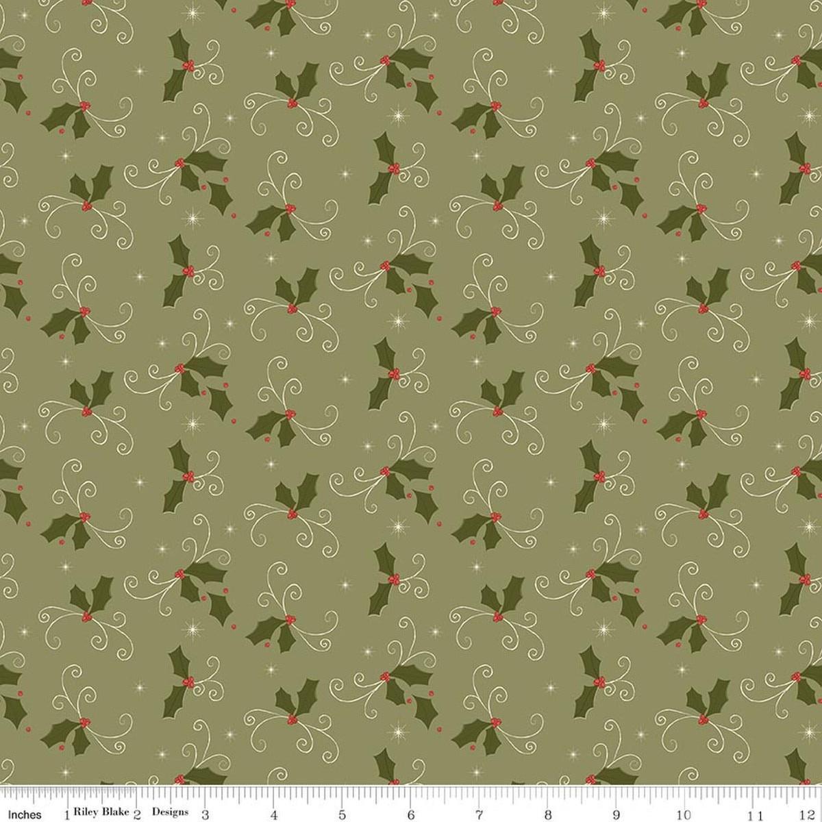 Image of Christmas Greetings Holly Spruce quilting cotton fabric by Sandy Gervais for Riley Blake Designs. Features holly on a green background. Cute Little Fabric Shop.