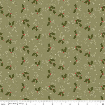 Image of Christmas Greetings Holly Spruce quilting cotton fabric by Sandy Gervais for Riley Blake Designs. Features holly on a green background. Cute Little Fabric Shop.