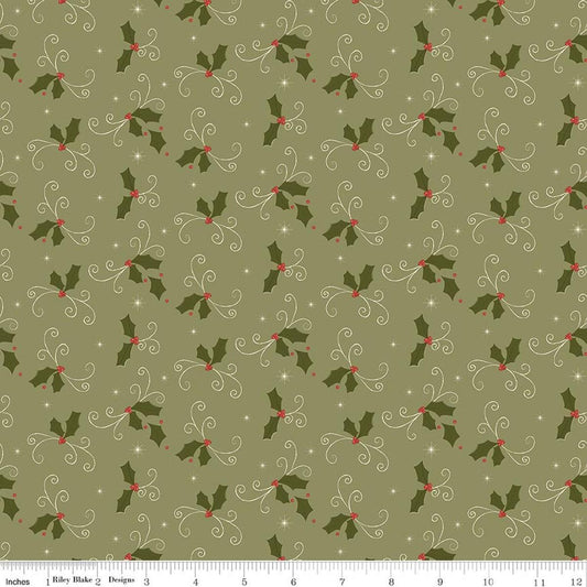 Image of Christmas Greetings Holly Spruce quilting cotton fabric by Sandy Gervais for Riley Blake Designs. Features holly on a green background. Cute Little Fabric Shop.